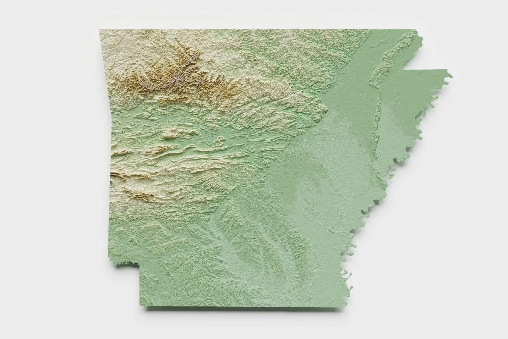Topographic map of Arkansas showing elevation changes.