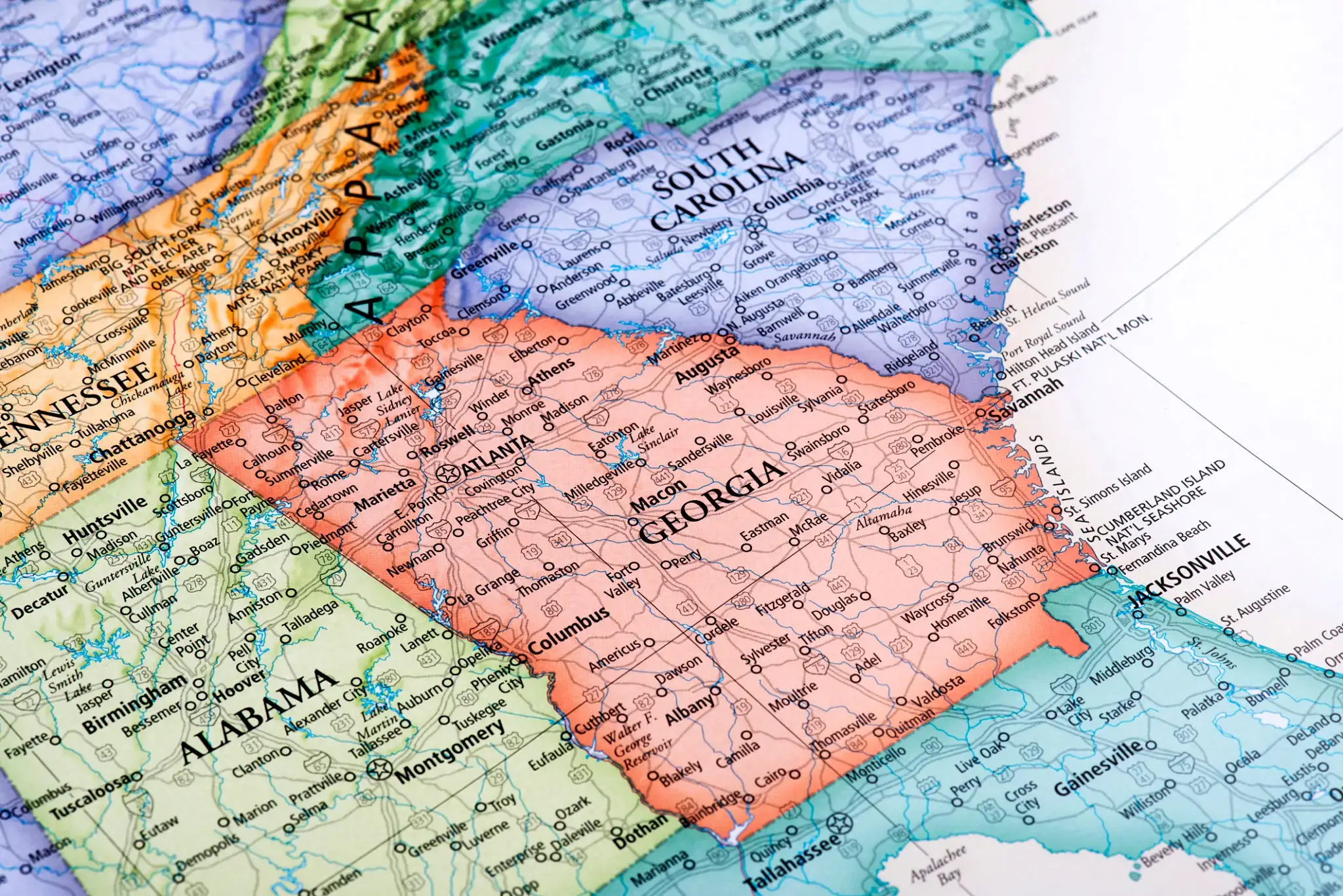 A detailed map highlighting the state of Georgia and surrounding areas.