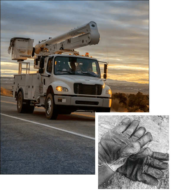 Utility truck at sunset on a rural road.