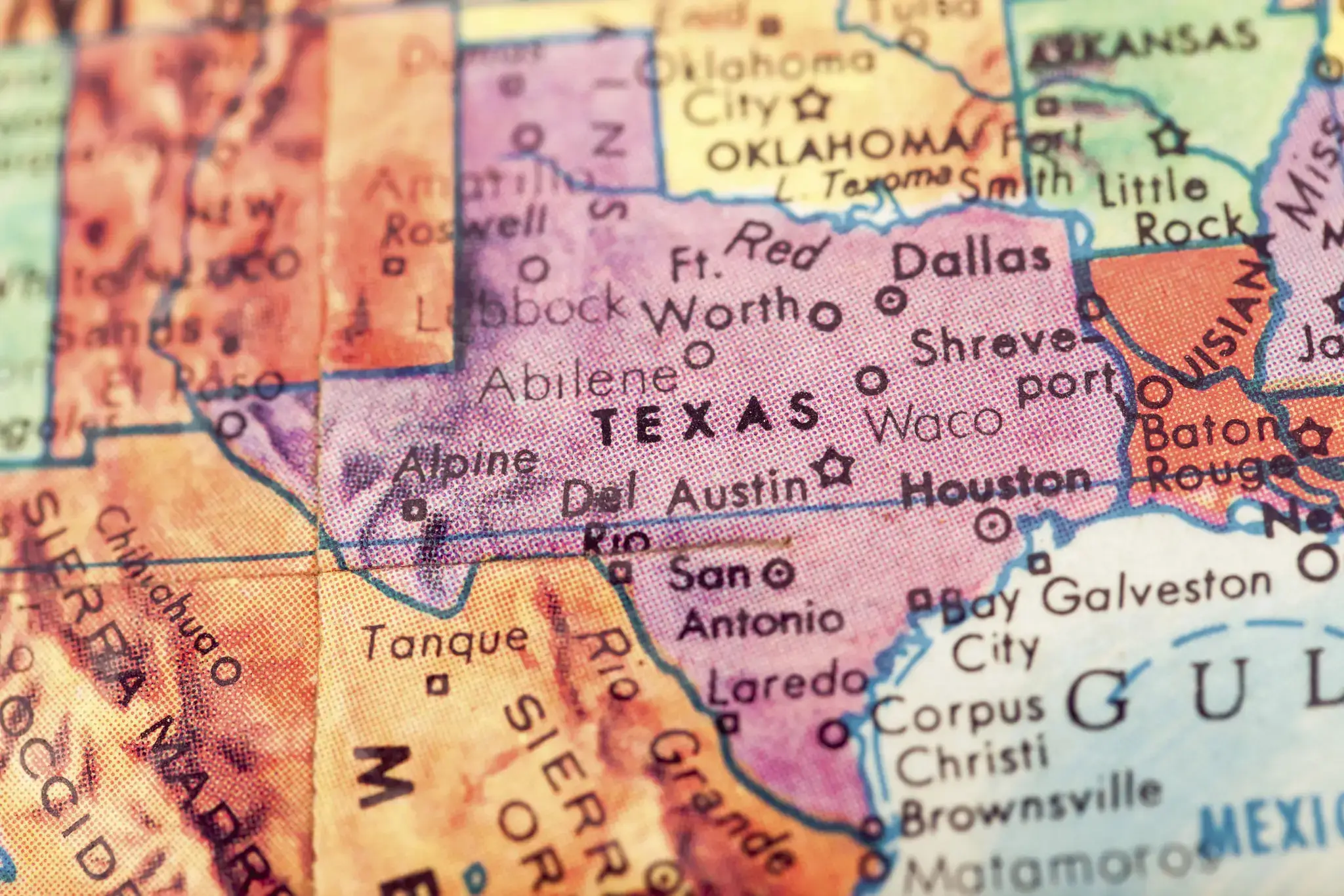 A close-up map of Texas and surrounding states with major cities marked.